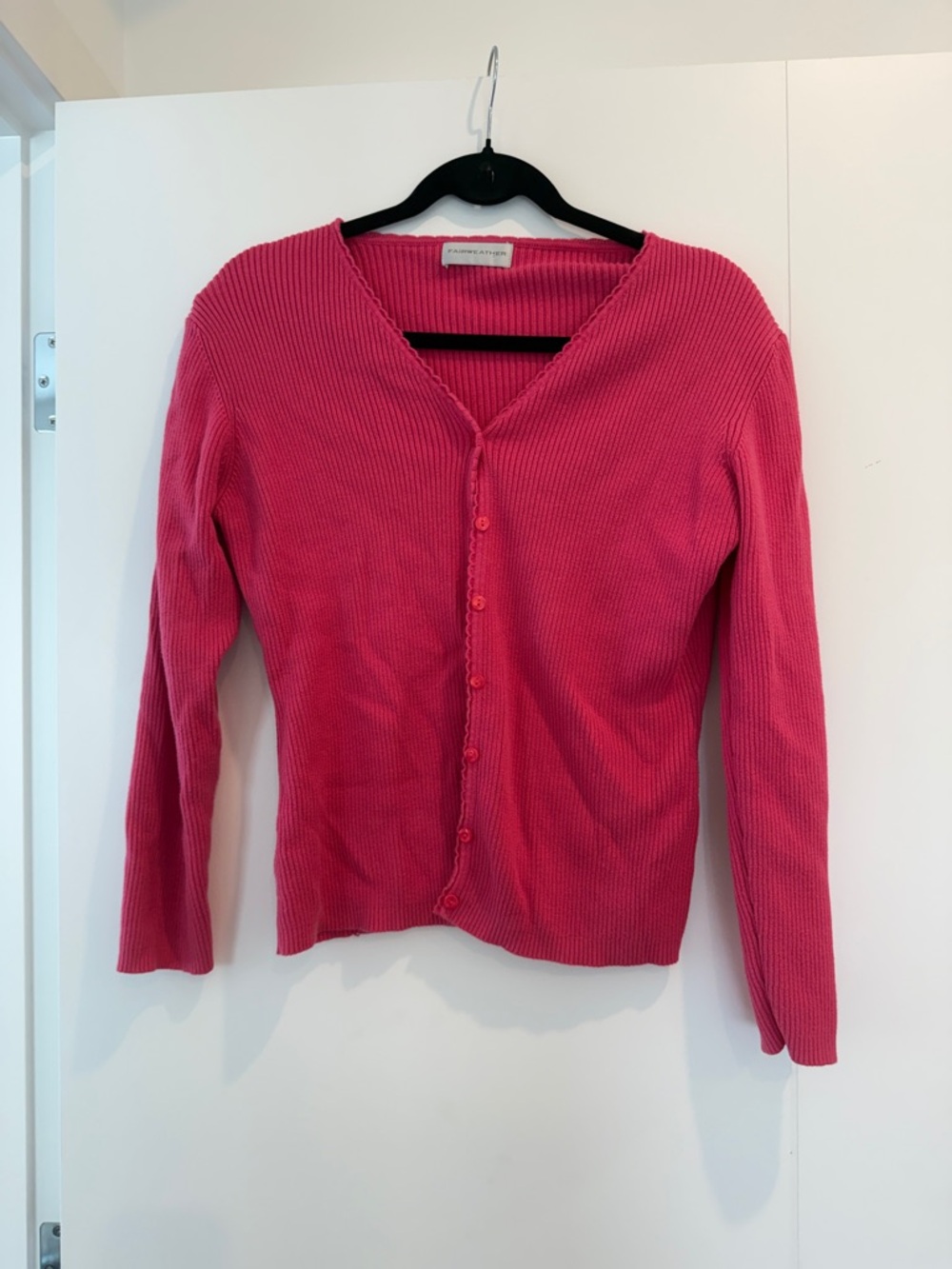 100% Cotton Ribbed V-Neck Button Cardigan in Hot Pink